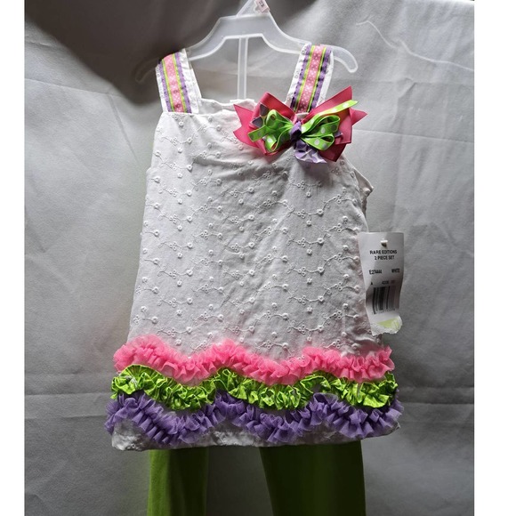 White eyelet Pink Lime Purple Ruffle Ribbon Trim Flower Lime Ruffle Pants 4T - Picture 2 of 6